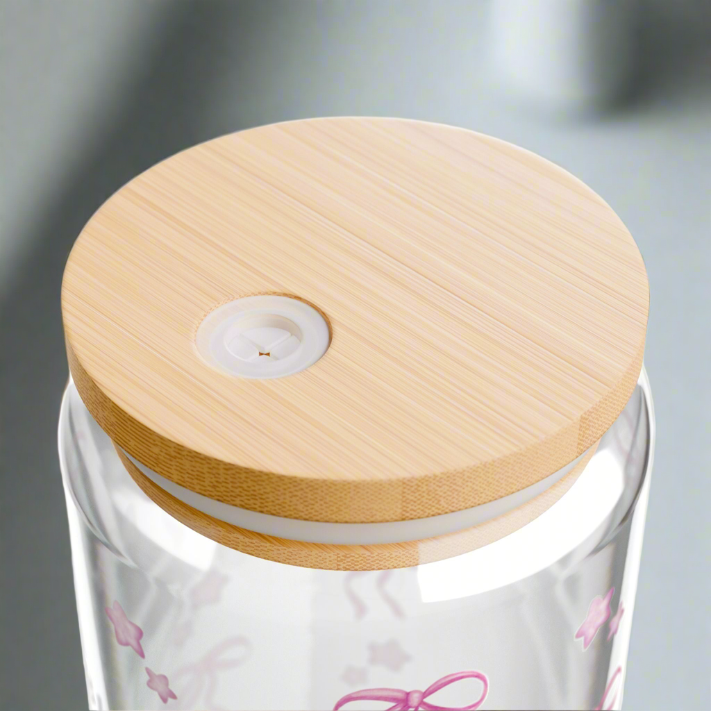 Lata de vidrio para estudio bíblico con lazos rosas