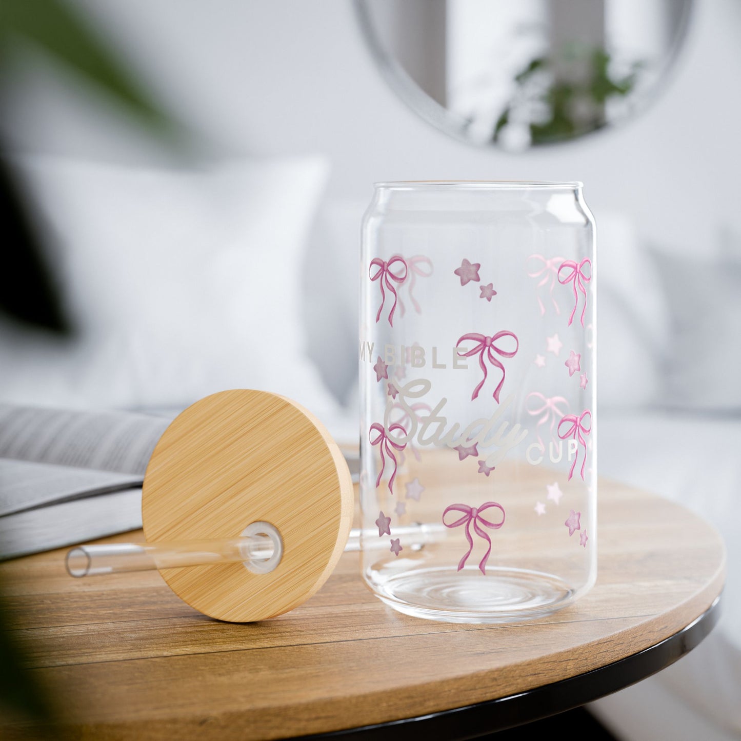Lata de vidrio para estudio bíblico con lazos rosas