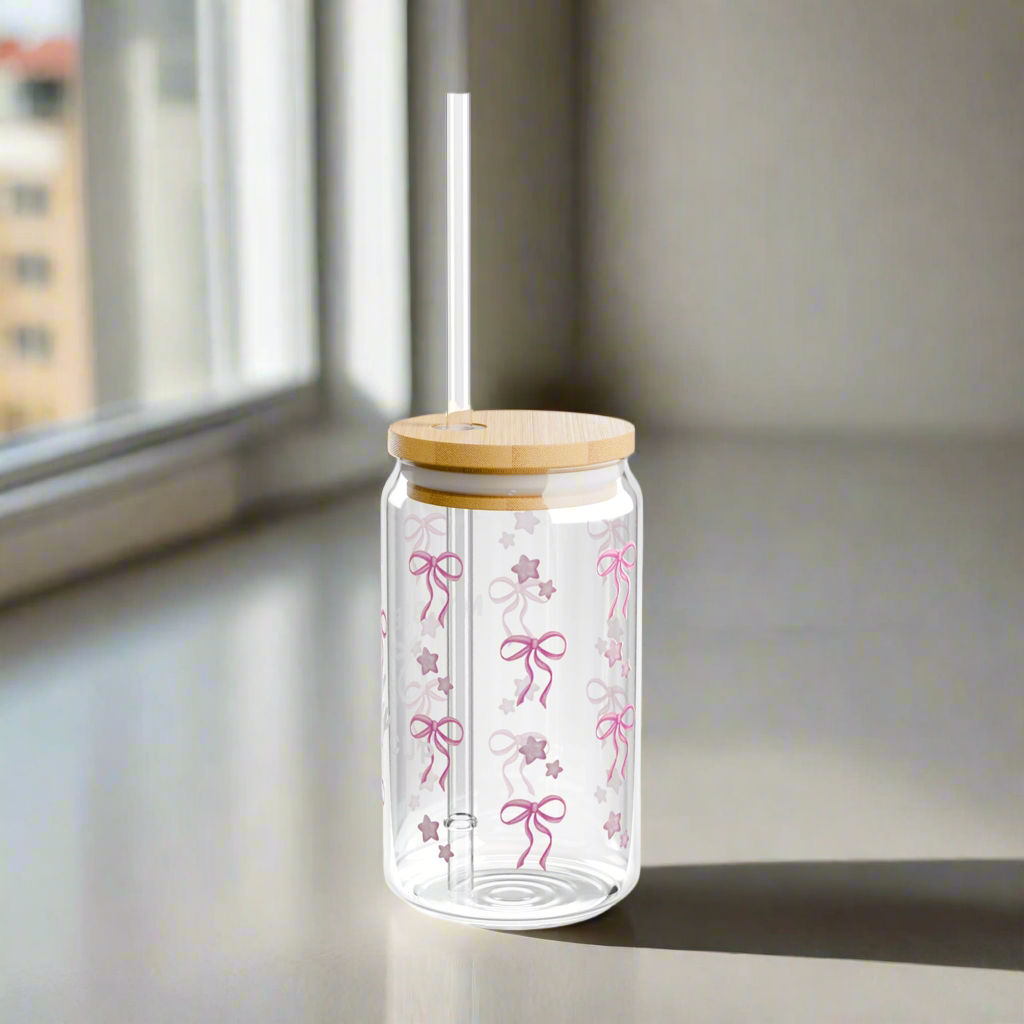 Lata de vidrio para estudio bíblico con lazos rosas