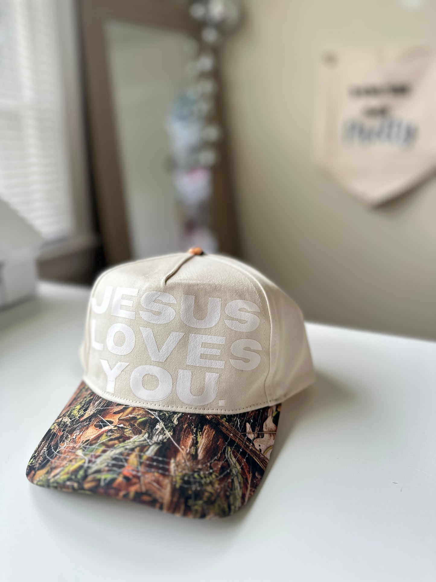 Jesus Loves You Camo Print Two-Tone Canvas Trucker Hat