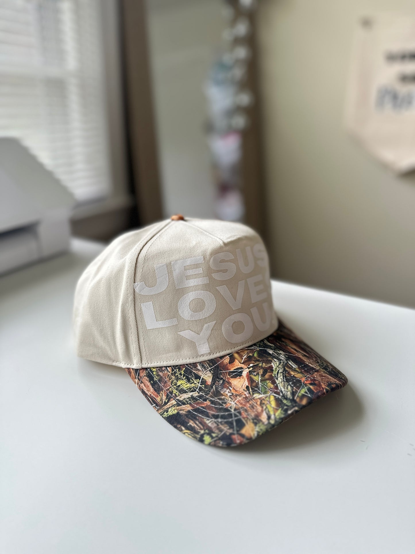Jesus Loves You Camo Print Two-Tone Canvas Trucker Hat
