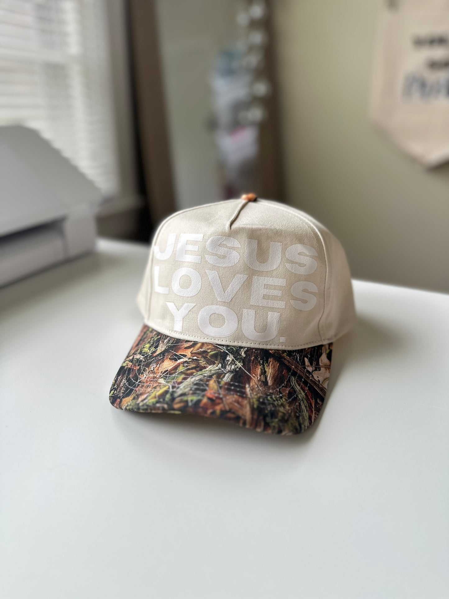 Jesus Loves You Camo Print Two-Tone Canvas Trucker Hat