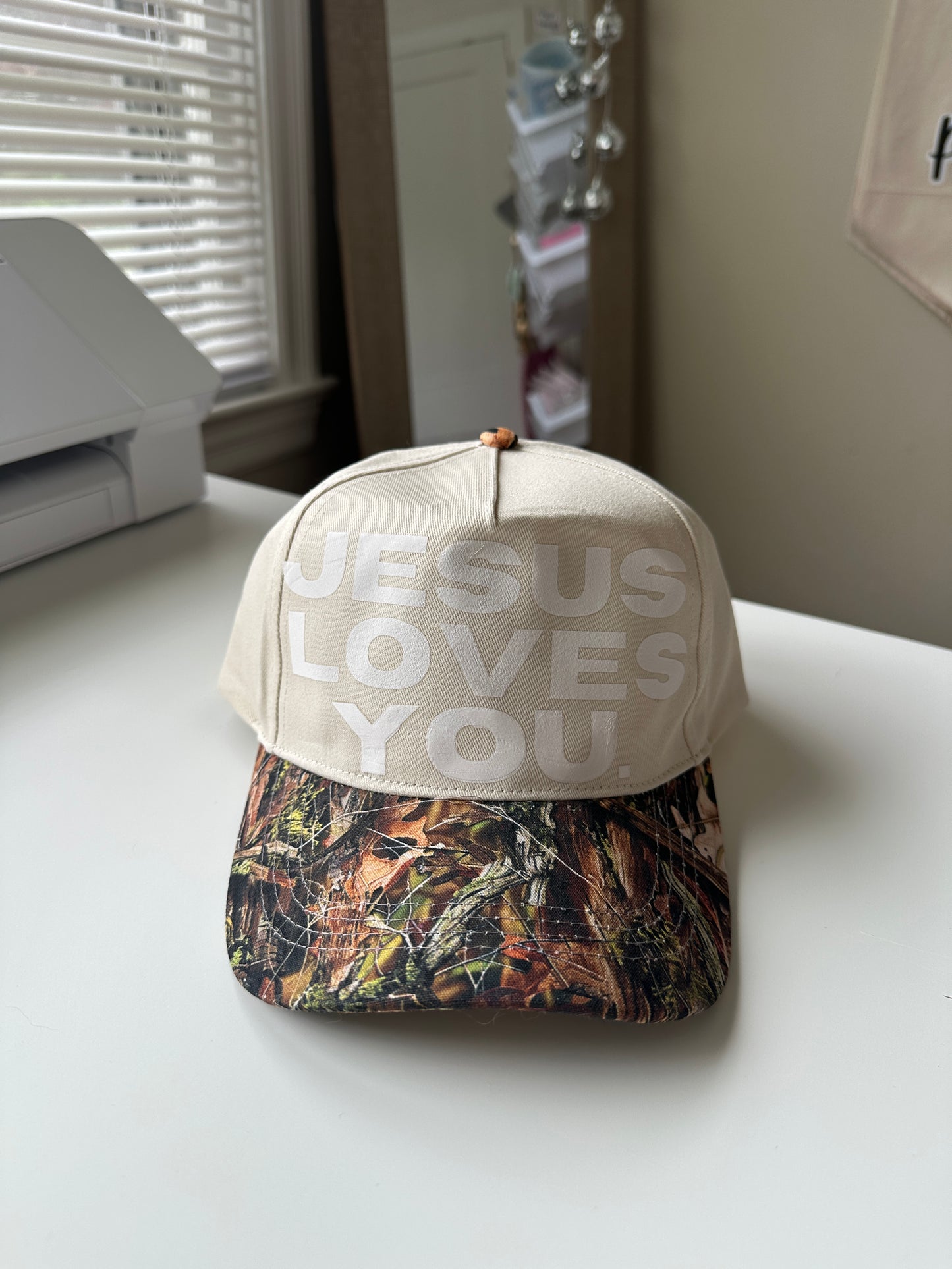 Jesus Loves You Camo Print Two-Tone Canvas Trucker Hat