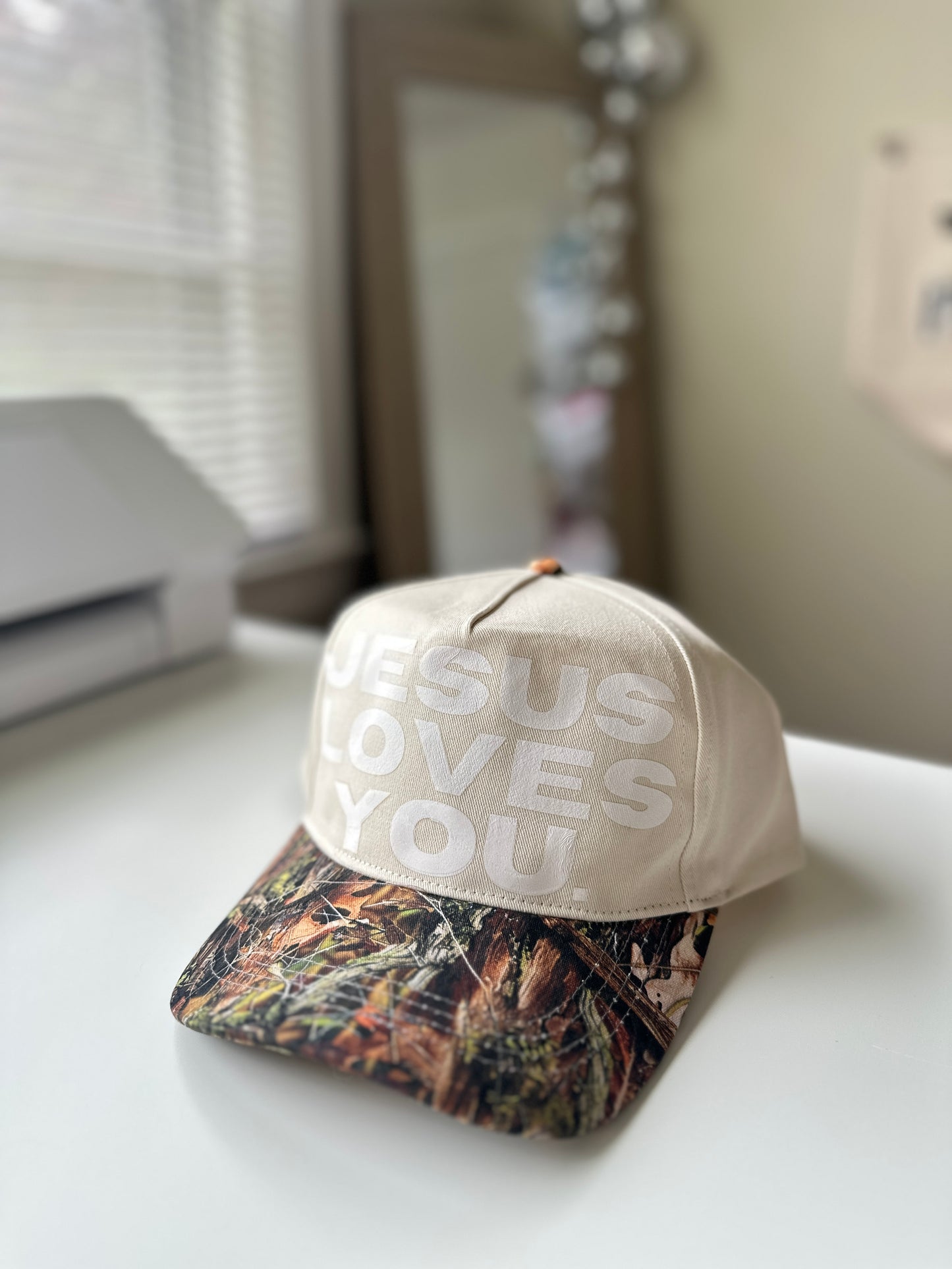 Jesus Loves You Camo Print Two-Tone Canvas Trucker Hat