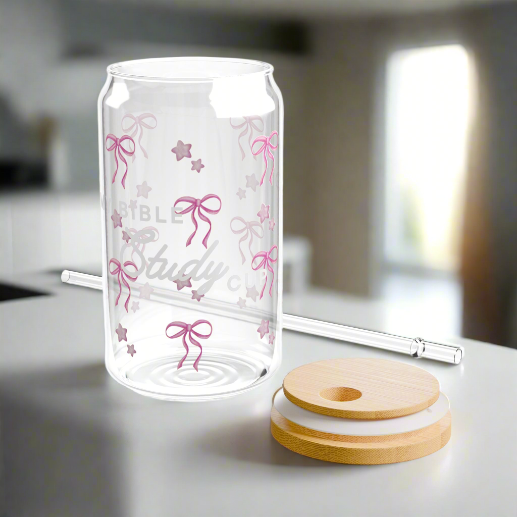 Lata de vidrio para estudio bíblico con lazos rosas