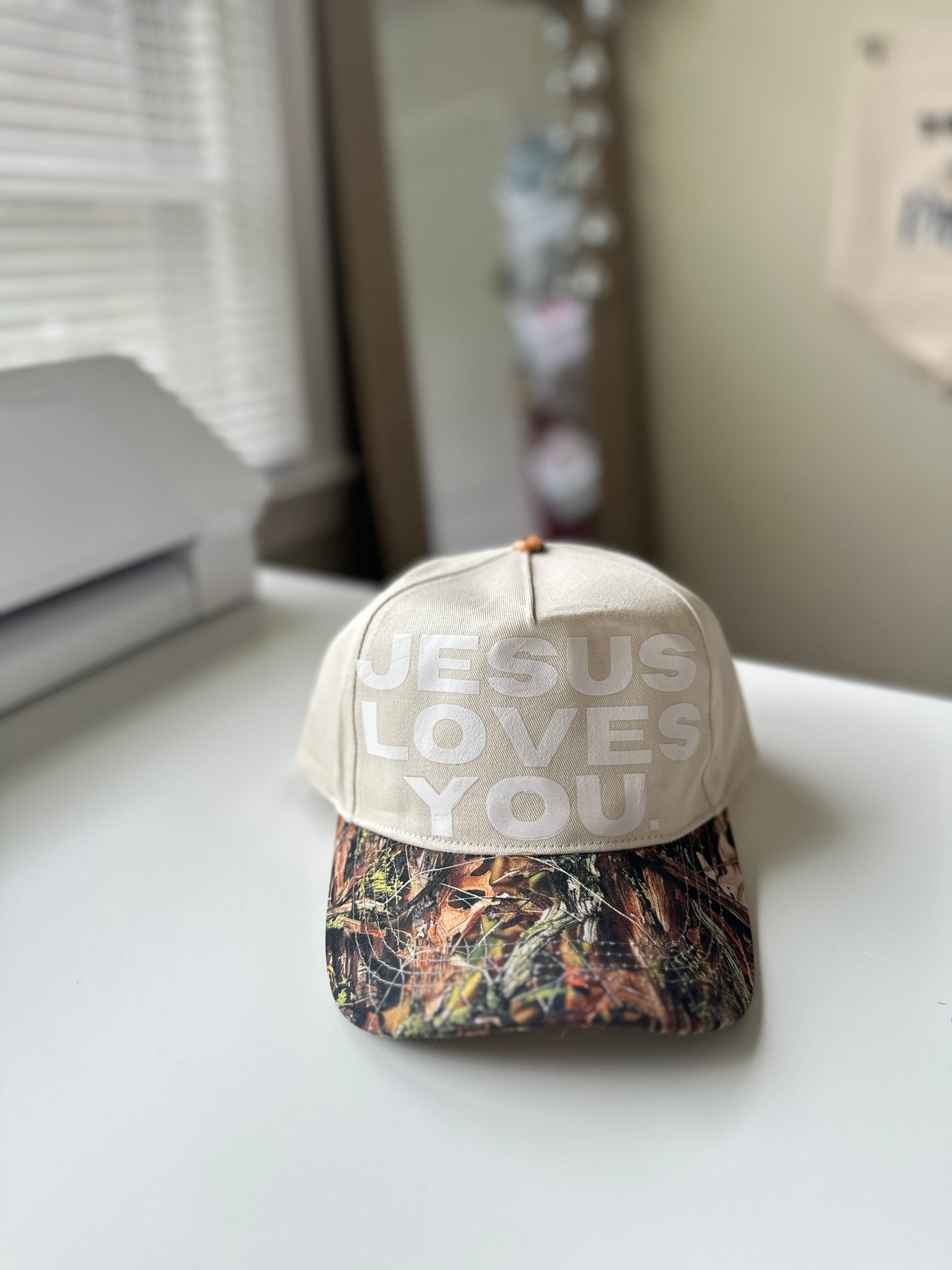 Jesus Loves You Camo Print Two-Tone Canvas Trucker Hat