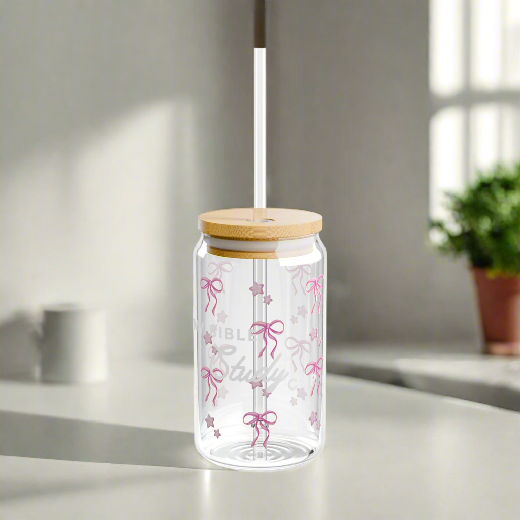 Lata de vidrio para estudio bíblico con lazos rosas