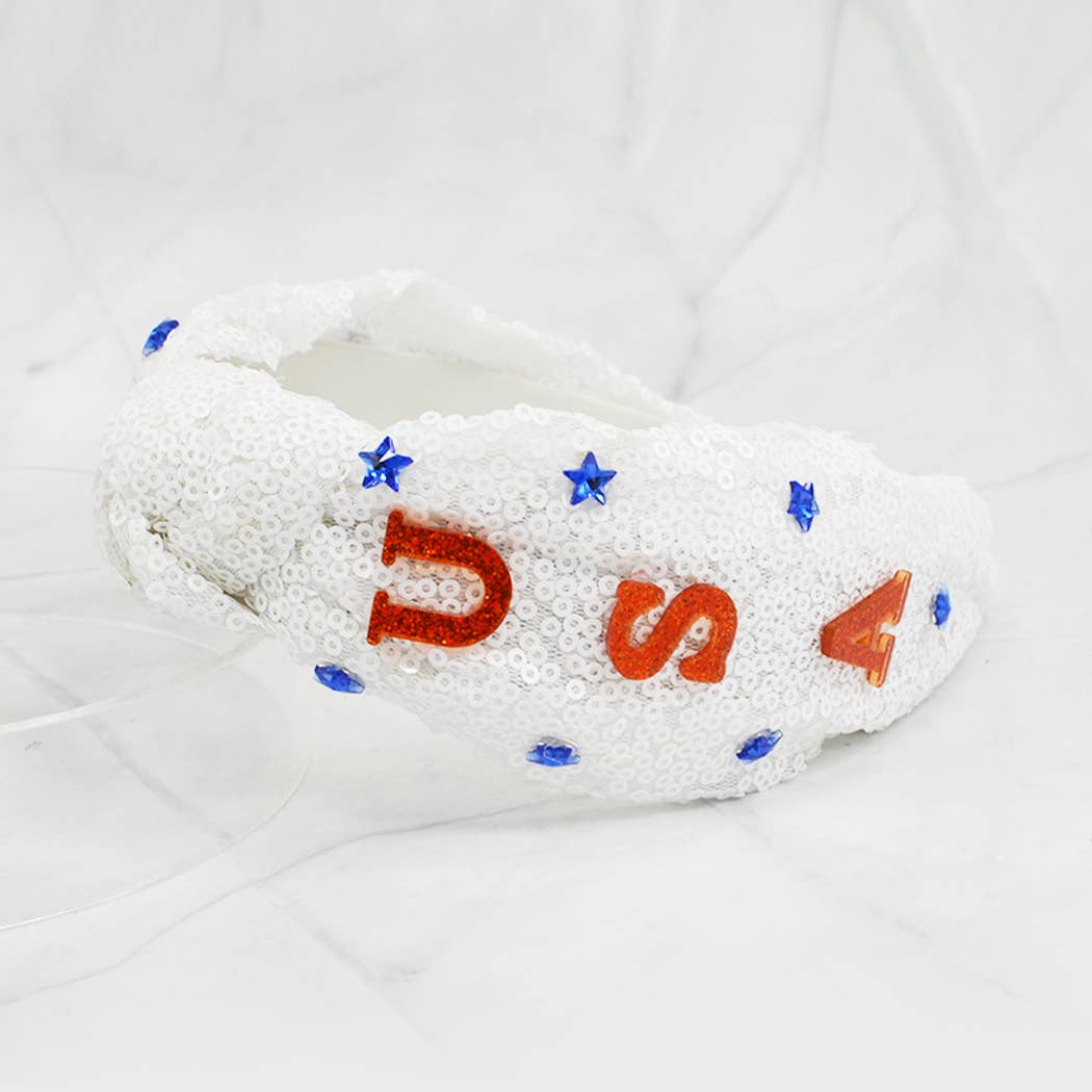 Diadema anudada con lentejuelas, letras y estrellas de EE. UU.