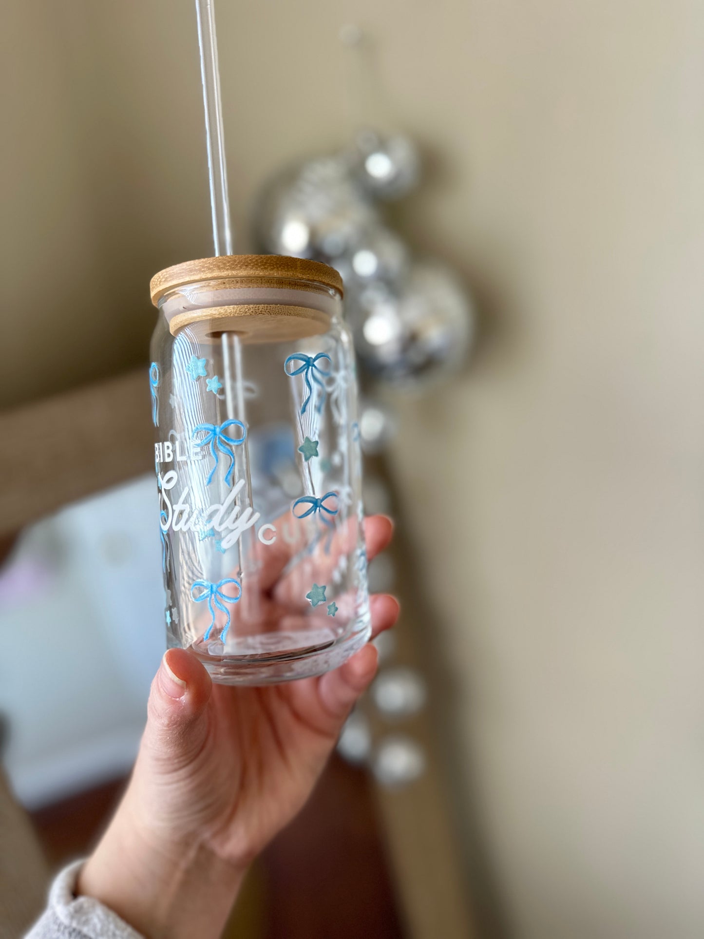 My Bible Study Glass Cup with Blue Bows & Stars