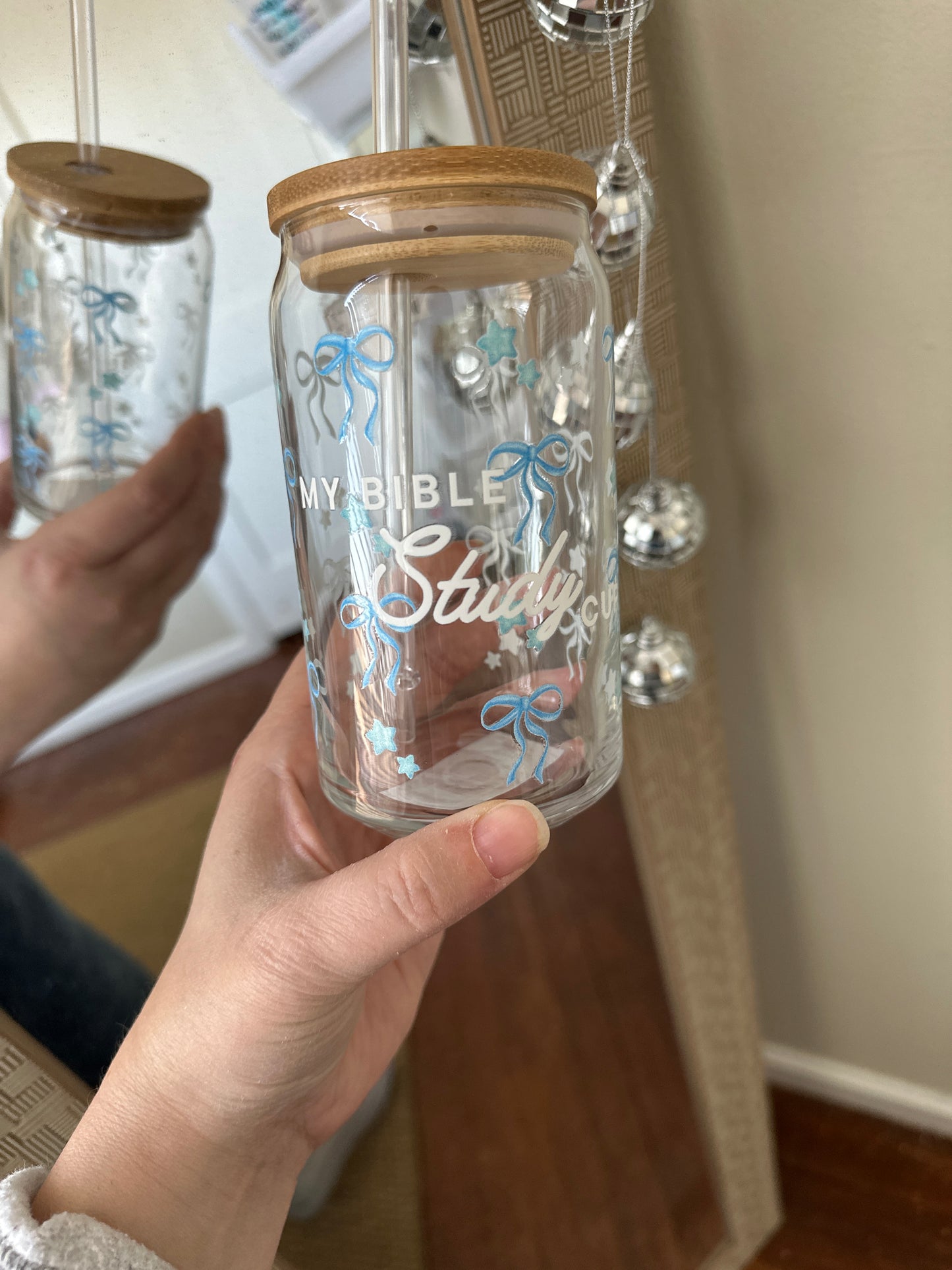 My Bible Study Glass Cup with Blue Bows & Stars