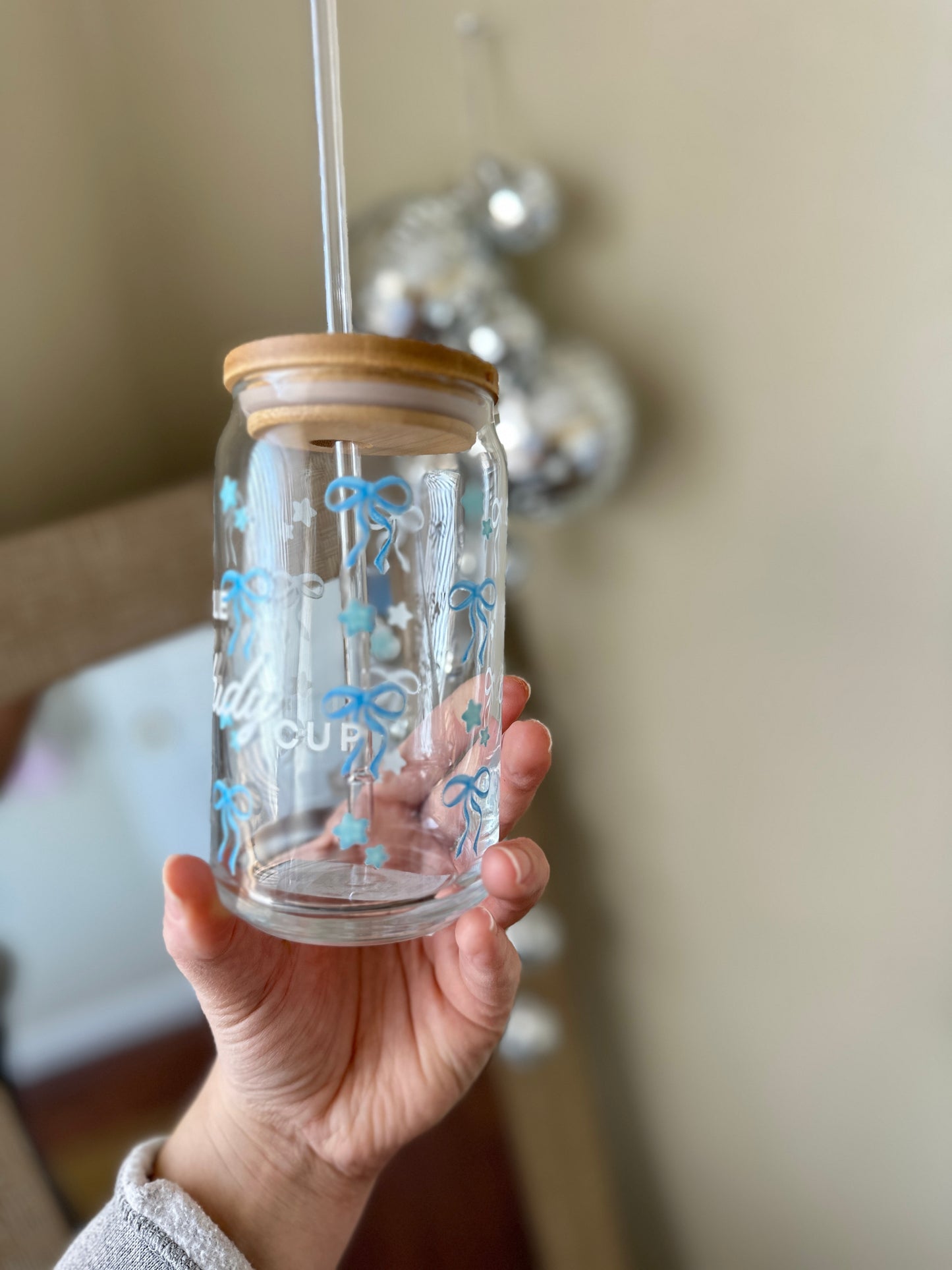 My Bible Study Glass Cup with Blue Bows & Stars