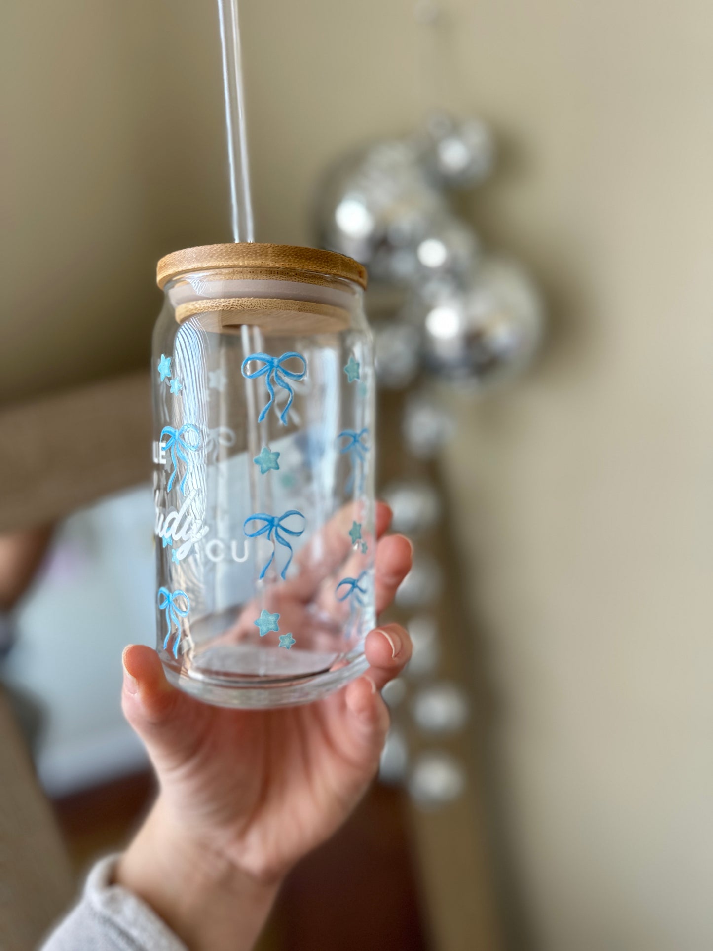 My Bible Study Glass Cup with Blue Bows & Stars