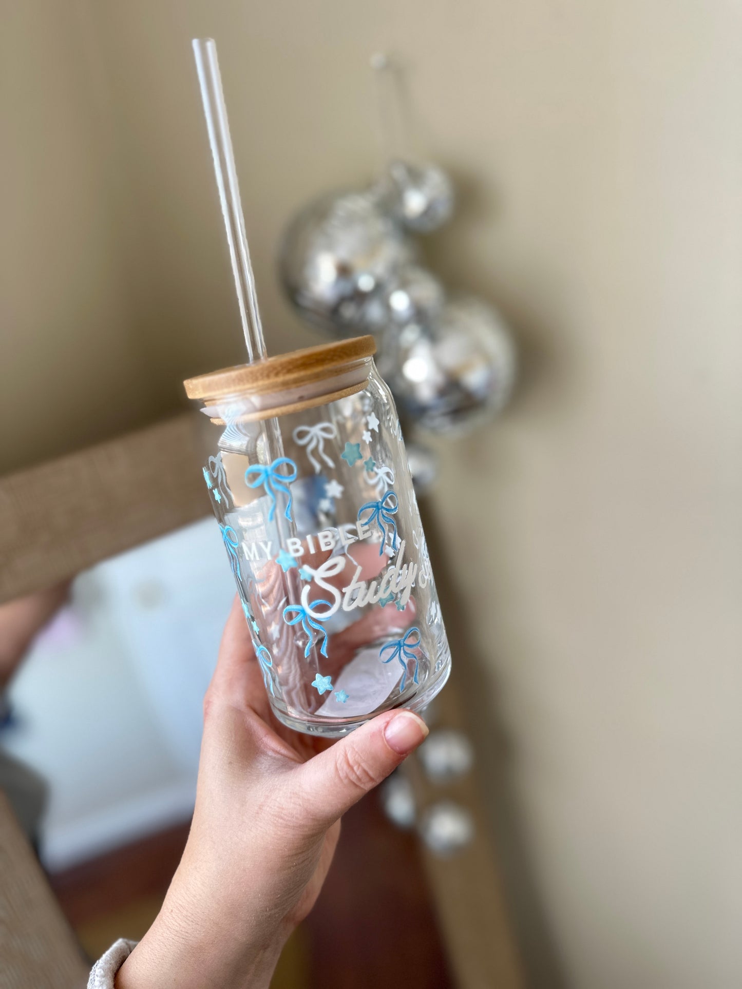 My Bible Study Glass Cup with Blue Bows & Stars